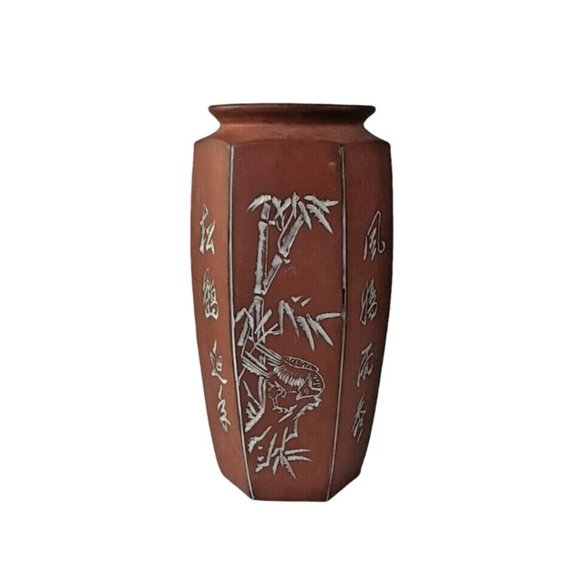 Vintage Handmade Chinese Vase Birds Floral Design Pottery Red Brown Hexagon 8.5" - Picture 3 of 10